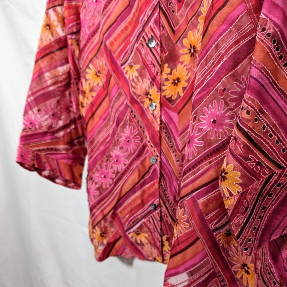 Choices Sheer Bright Pink Floral Button Down Top - 1X - Picture 6 of 8